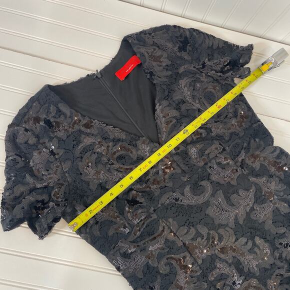 Carmen Marc Valvo Black Embroidered V-Neck Sequin Short Sleeve Midi Dress Sz 12 - Picture 6 of 8